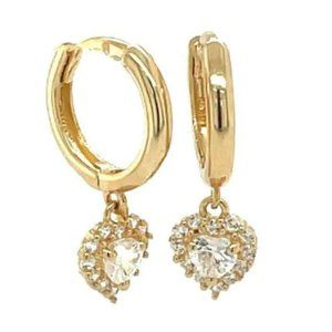 14K Yellow Gold CZ Huggies Hoop Earrings Heart Drop Earrings for Womens Aretes